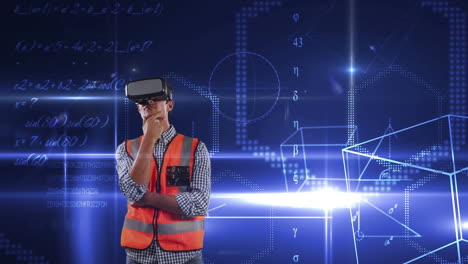trabajadores del sitio usando auriculares vr sobre un fondo animado.
