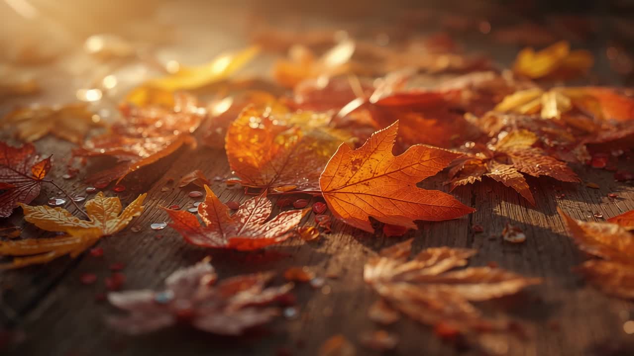 Intensifying sunlight driving focus across dewy deck, revealing orange maple leaf with dew droplets
