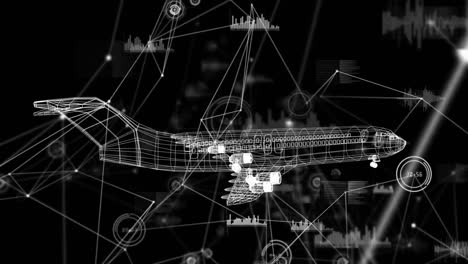animación digital de un modelo de avión 3d girando contra una red de conexiones sobre un fondo negro