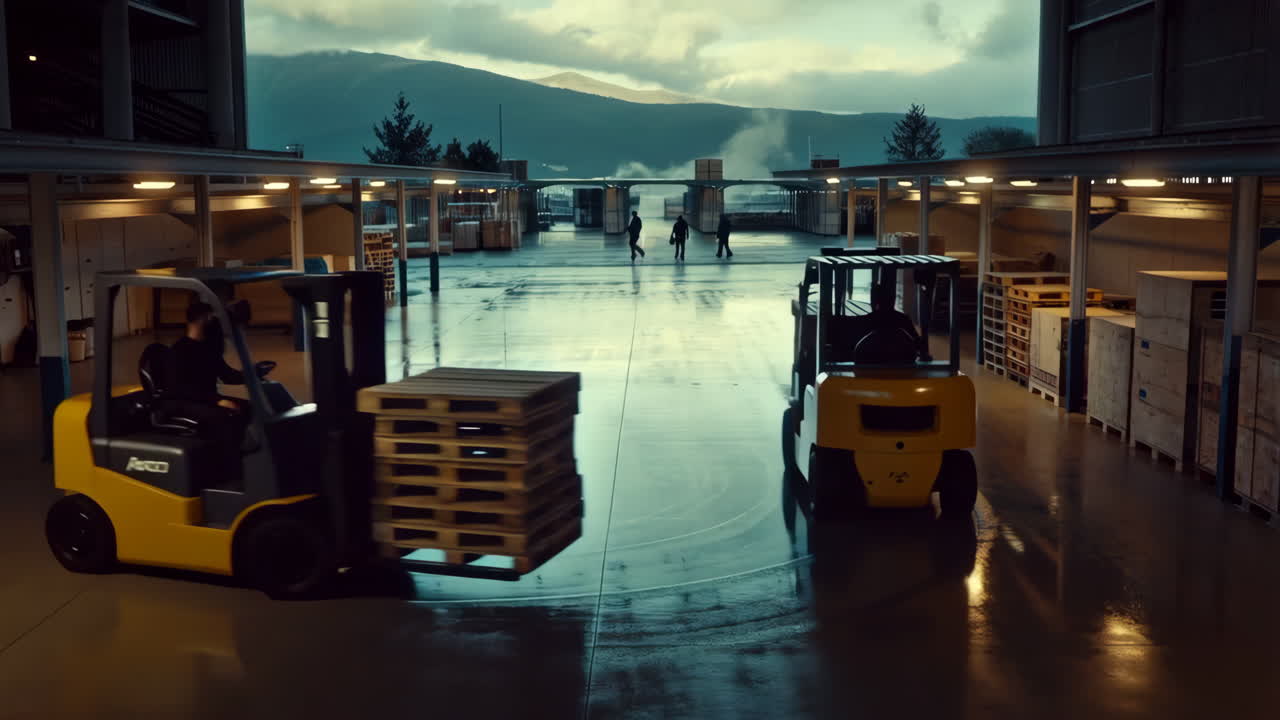 Forklifts in a modern warehouse with an open view to mountains