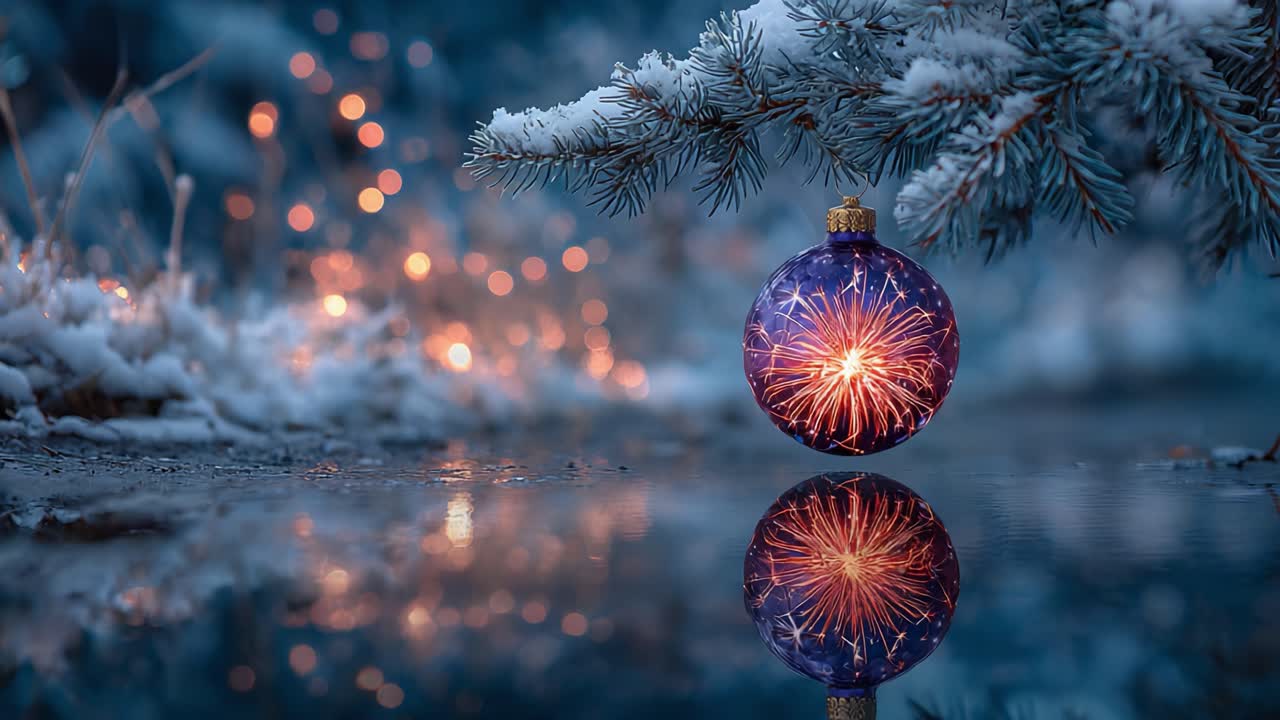 A breathtaking winter scene featuring a beautifully decorated Christmas ornament hanging delicately from a snow-covered pine branch, reflecting bright lights in a serene setting