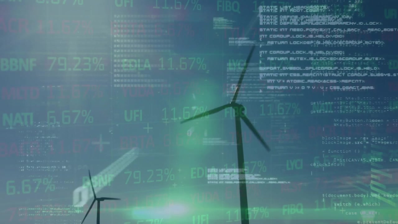 Turbine eoliche con sovrapposizione di dati finanziari digitali