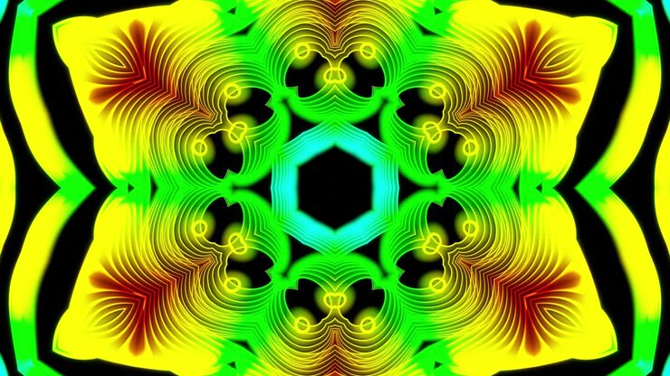 Sfondo caleidoscopico astratto VJ con motivo periodico a forme semplici. Motivo complesso olografico come caleidoscopio. Luce al neon o gradiente di colore arcobaleno luminoso. Linee e forme semplici. Simmetria stellare.