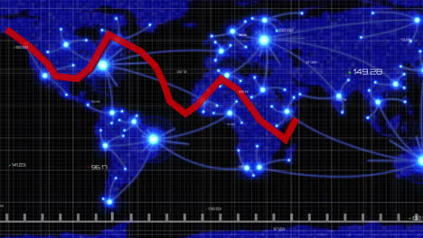 gráficos rojos que se mueven contra el mapa del mundo
