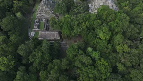 fotografía reveladora de las ruinas mayas de yaxha durante un día nublado, aérea