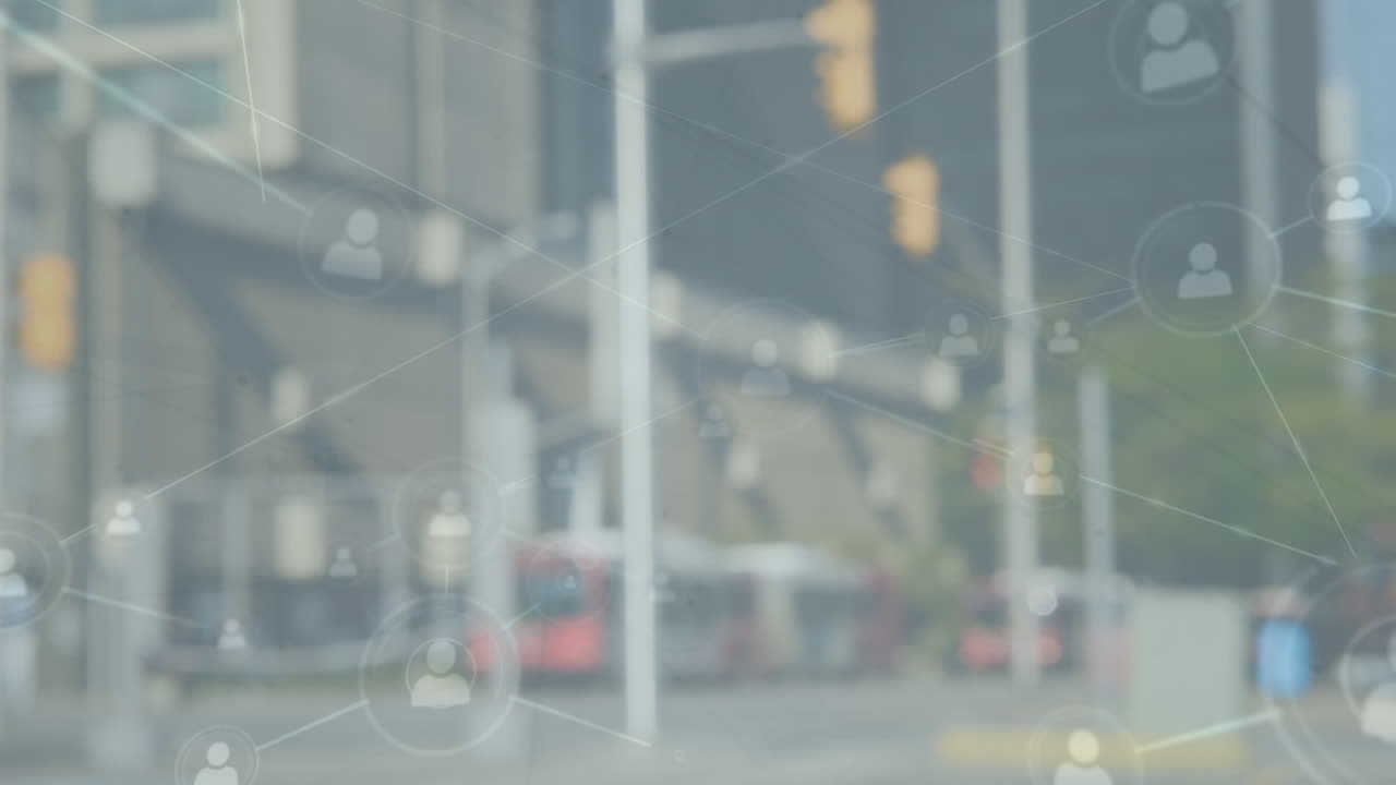 도시 풍경 위의 아이콘으로 연결된 네트워크의 애니메이션