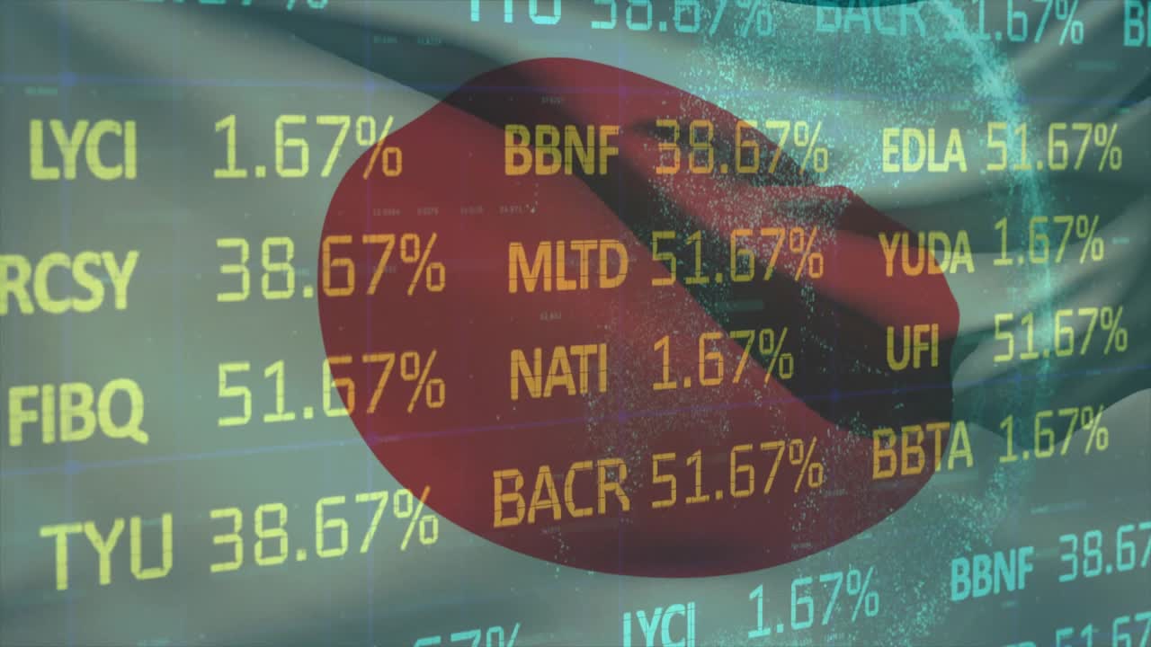Bendera Jepang berkibar diterpa matahari yang beriak di bawah ticker kode translusen yang memperbarui tarif untuk menampilkan perubahan data