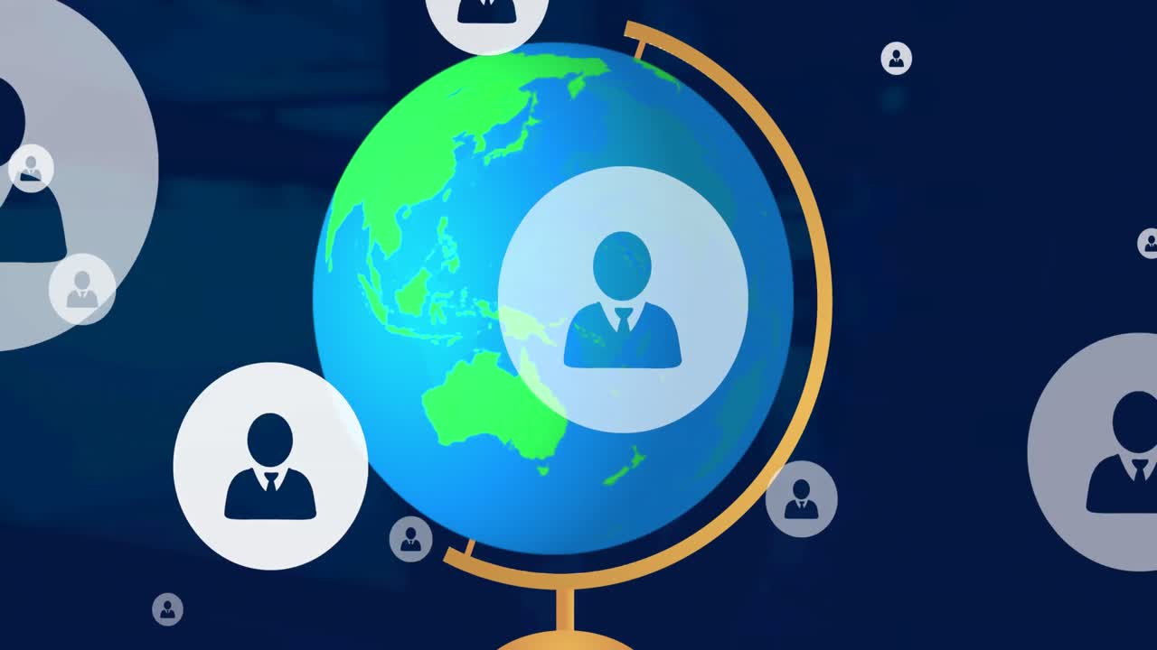 animación de los iconos de las personas y el globo girando sobre fondo azul