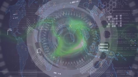 Animación-Del-Escaneo-Del-Alcance-Con-Estelas-De-Luz-Sobre-Procesamiento-De-Datos-Y-Mapa-Mundial