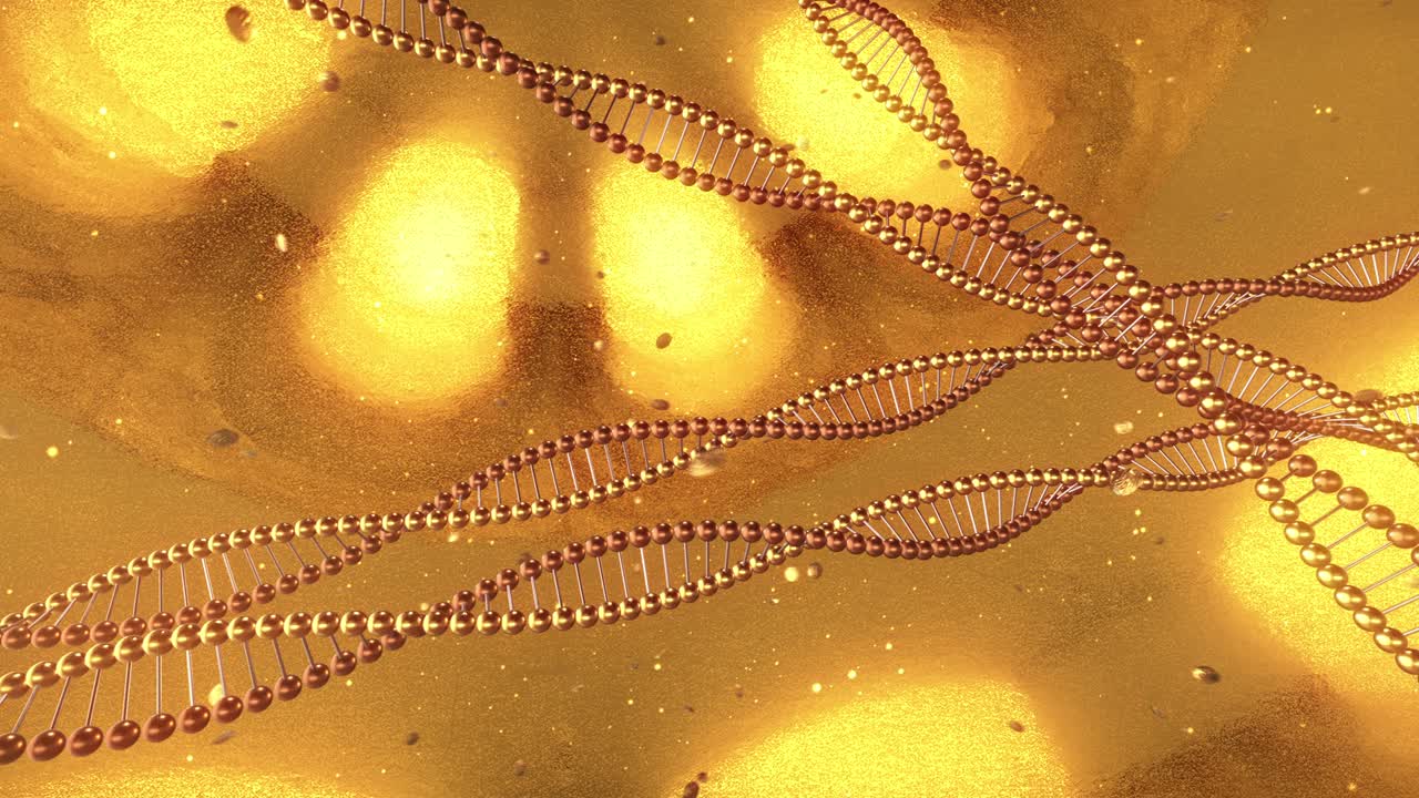 dna 분자의 소용돌이와 함께 황금 기하학적 배경 3d 렌더링 루프 4k