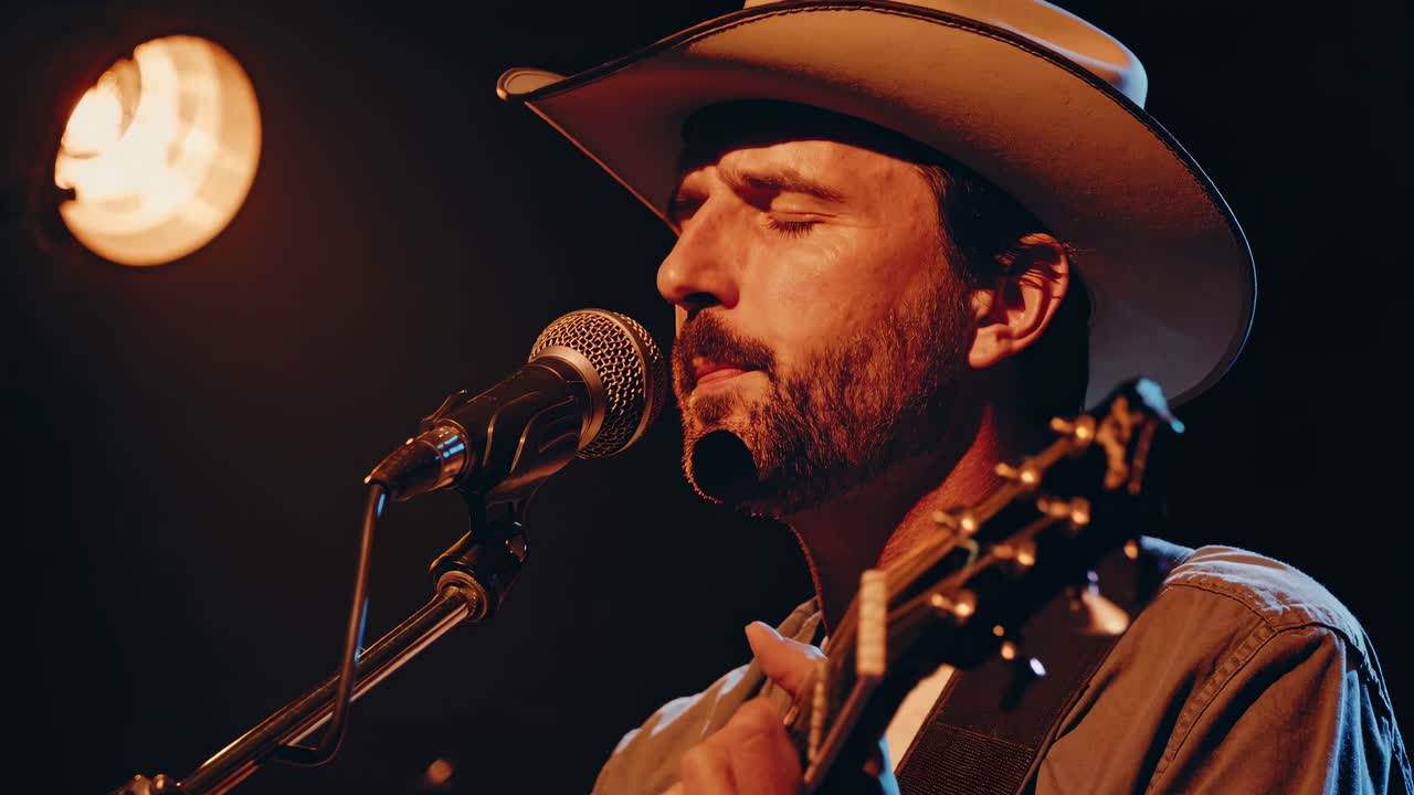 Nærbilde videoopptak av en musiker med cowboyhatt som spiller gitar på scenen, med varm belysning