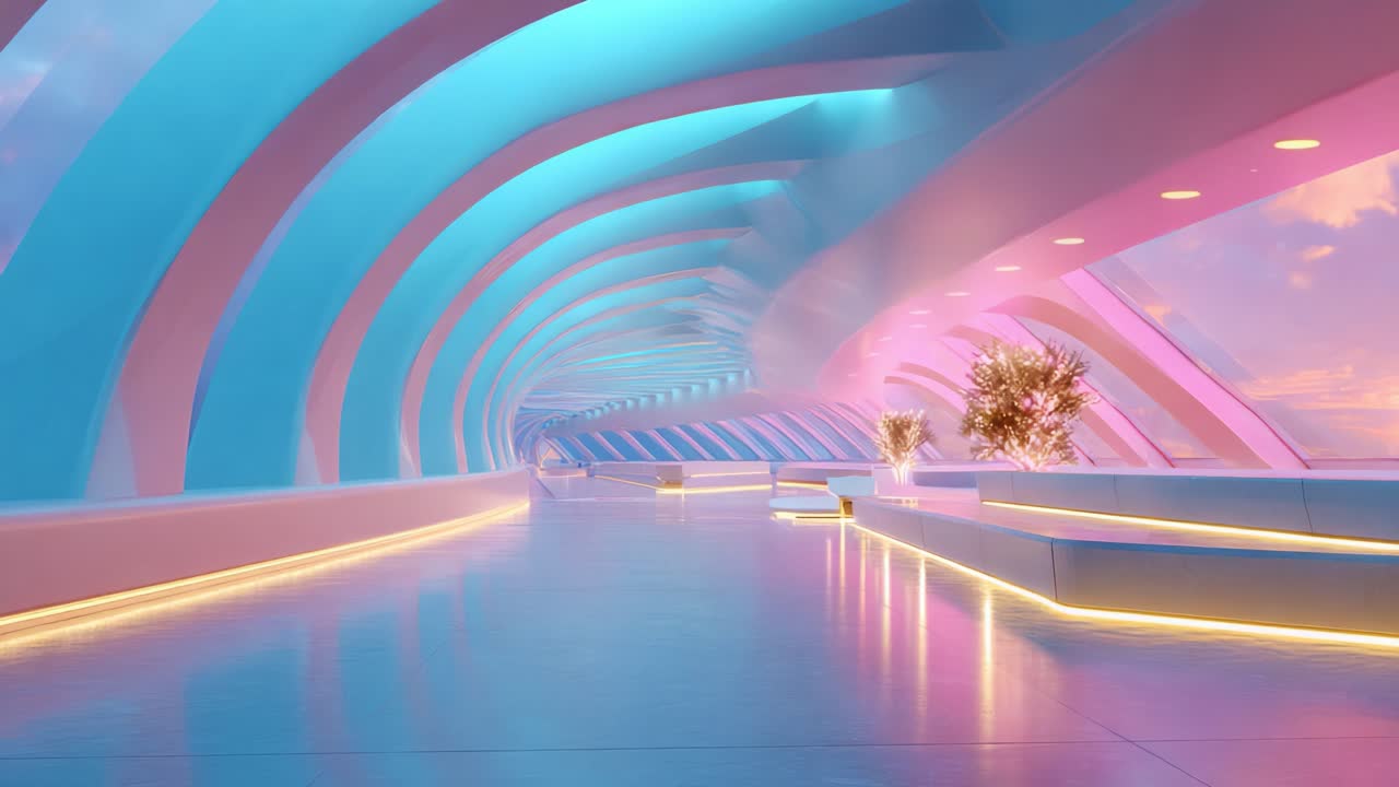 A Stunning Futuristic Interior Scene Featuring Vibrant Colors and Unique Architectural Lines, Showcasing an Ethereal Ambiance and Aesthetic Sensibilities in a Modern Space