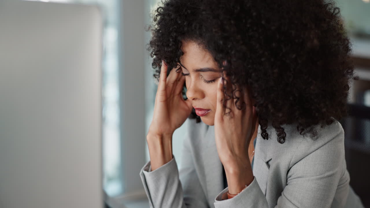 Business, headache and woman with pain at work