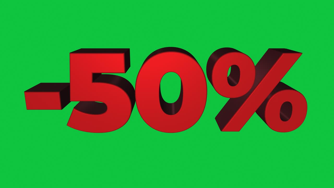 Rendering 3D rosso meno 50 percento, inclinato in avanti e indietro sul verde in un loop continuo
