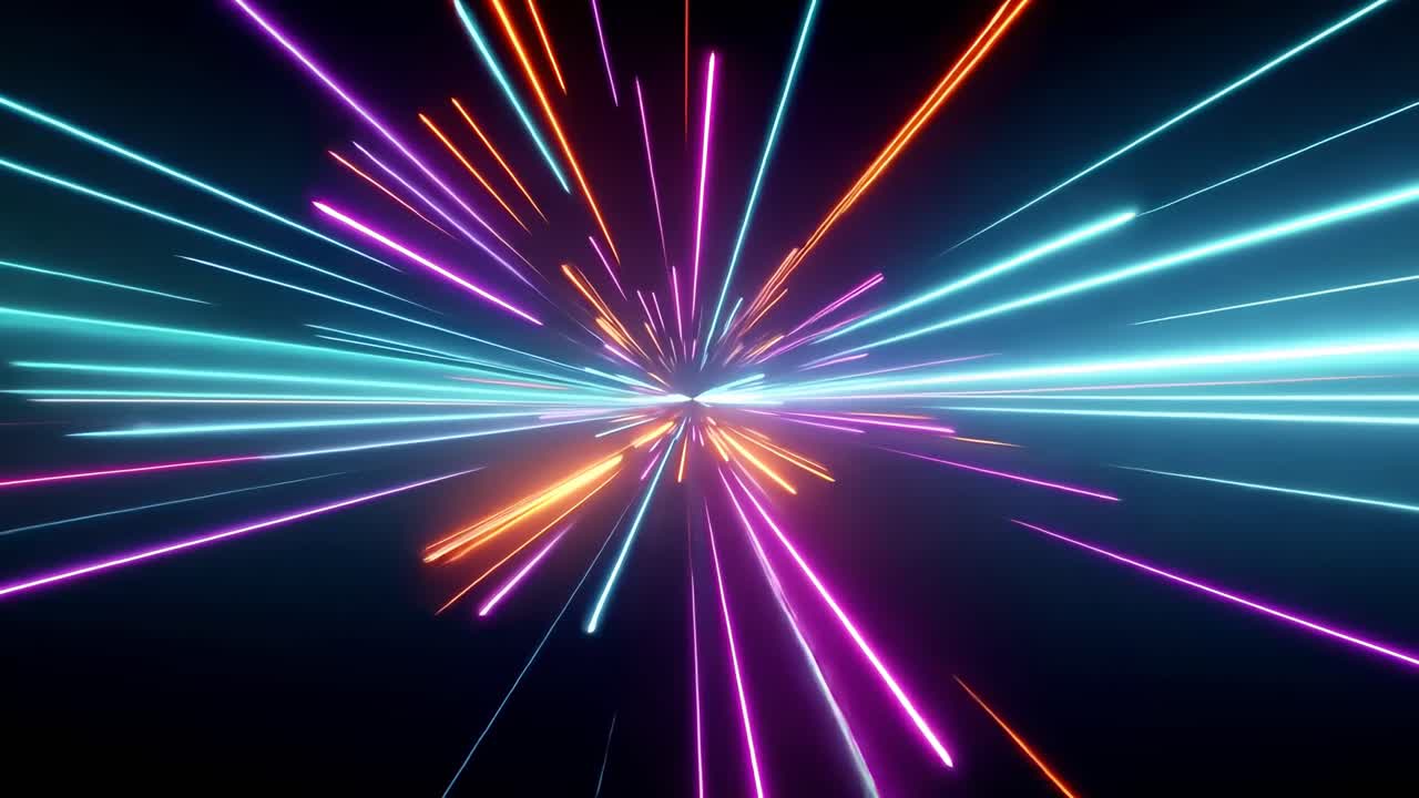 Concetto video dinamico con scie luminose colorate che convergono in un punto centrale
