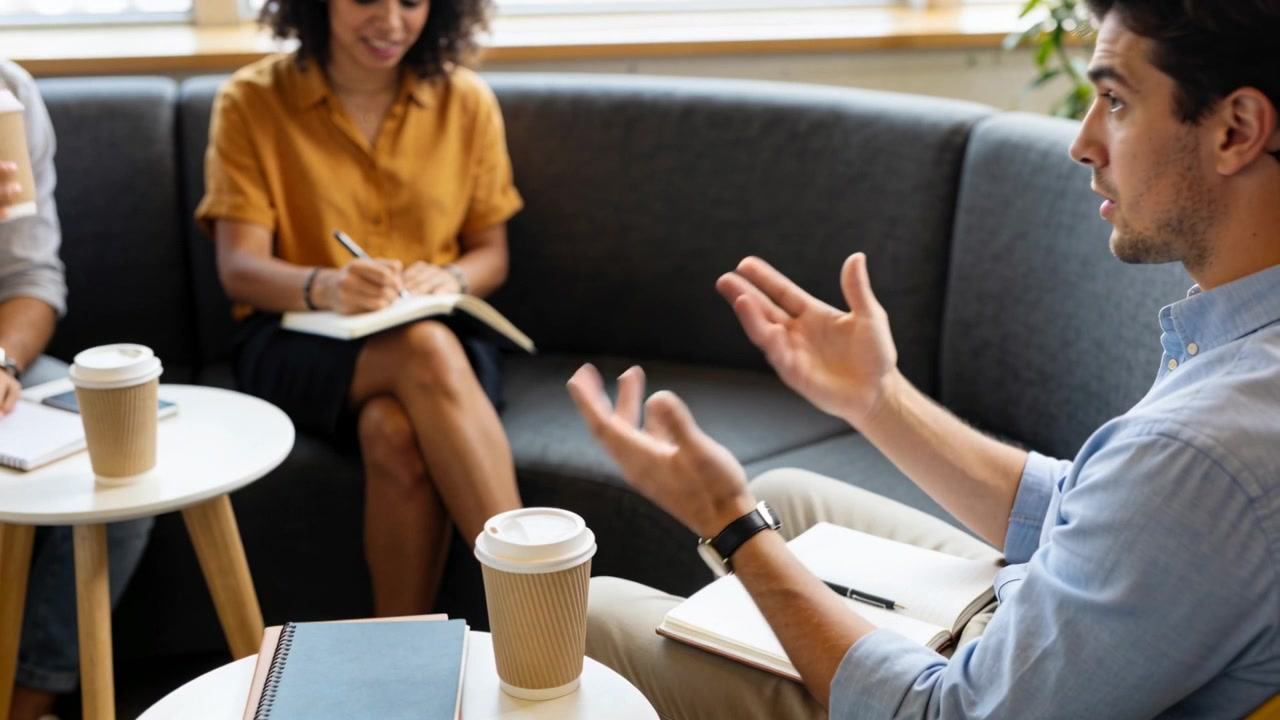 Mand i blå skjorte præsenterer projekt ved mødestart i lounge med kaffekopper og noter, med plads til tekst.
