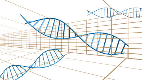 animation of blue dna strands floating over grid lines in scientific concept