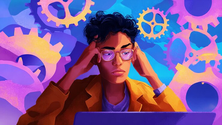 Giovane genio stupito e riflessivo che analizza il regno digitale, circondato da ingranaggi futuristici e tonalità vivaci che riflettono le sfide della creatività e dell'innovazione tecnologica