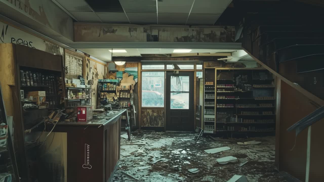 Deteriorating interior of abandoned grocery store revealing scattered debris, broken shelves, and shattered windows, capturing urban decay and economic decline's haunting silence