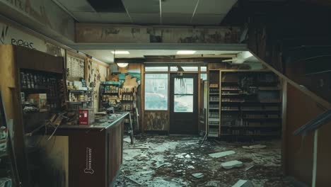 deteriorating interior of abandoned grocery store revealing scattered debris, broken shelves, and shattered windows, capturing urban decay and economic decline's haunting silence