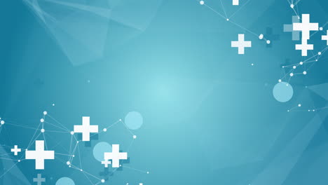 abstract medical modern blue background with polygonal shapes triangles. healthcare symbols. medical crosses and plexus lines. looped animation.