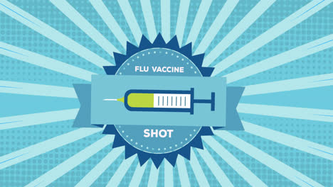 digital animation of flu vaccine shot text banner with syringe icon on blue radial background