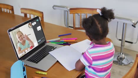 Niña-Afroamericana-Haciendo-La-Tarea-Y-Teniendo-Una-Videollamada-Con-Un-Compañero-De-Clase-En-Una-Computadora-Portátil-En-Casa