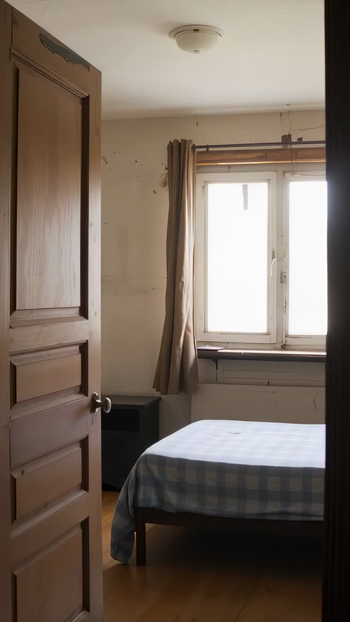 La telecamera inquadra una porta, la luce del giorno sovraespone la finestra ed evidenzia il letto per un annuncio immobiliare.