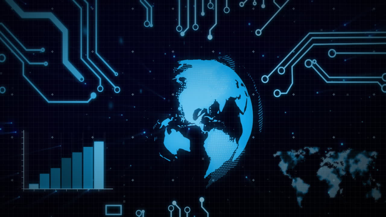 Animation of rotating globe and processing data on interface over motherboard on black background