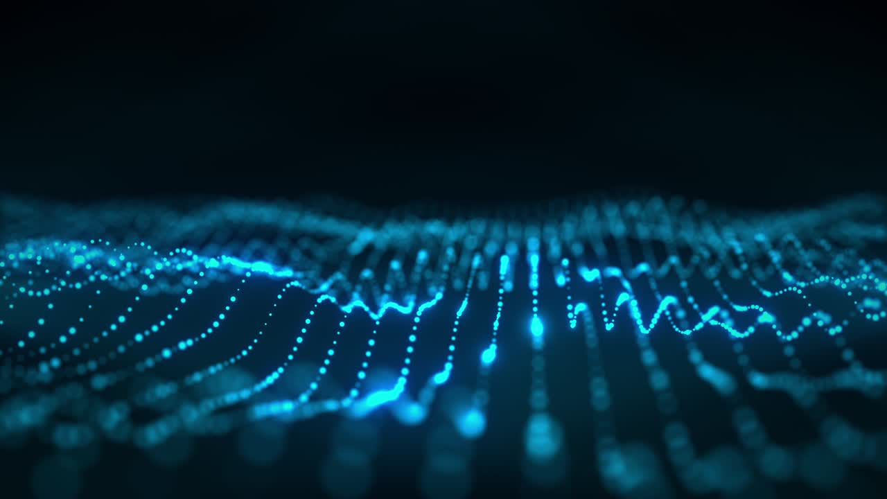 Abstract 3D rendering technology blue digital wave background concept. 4K seamless loop beautiful motion waving dots texture with glowing de-focused particles. Science, Cyber, technology background.