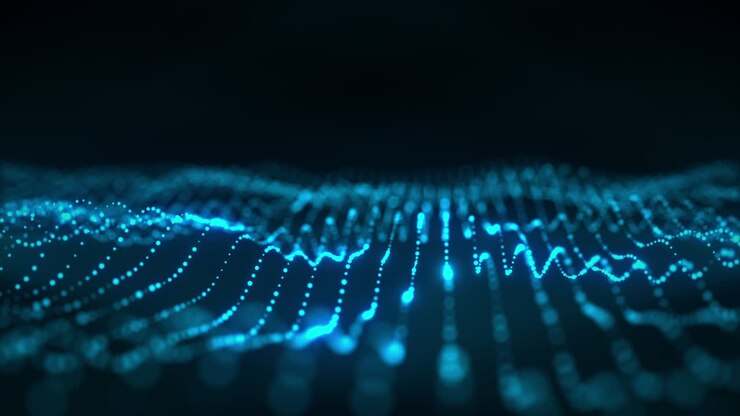 Abstract 3D rendering technology blue digital wave background concept. 4K seamless loop beautiful motion waving dots texture with glowing de-focused particles. Science, Cyber, technology background.