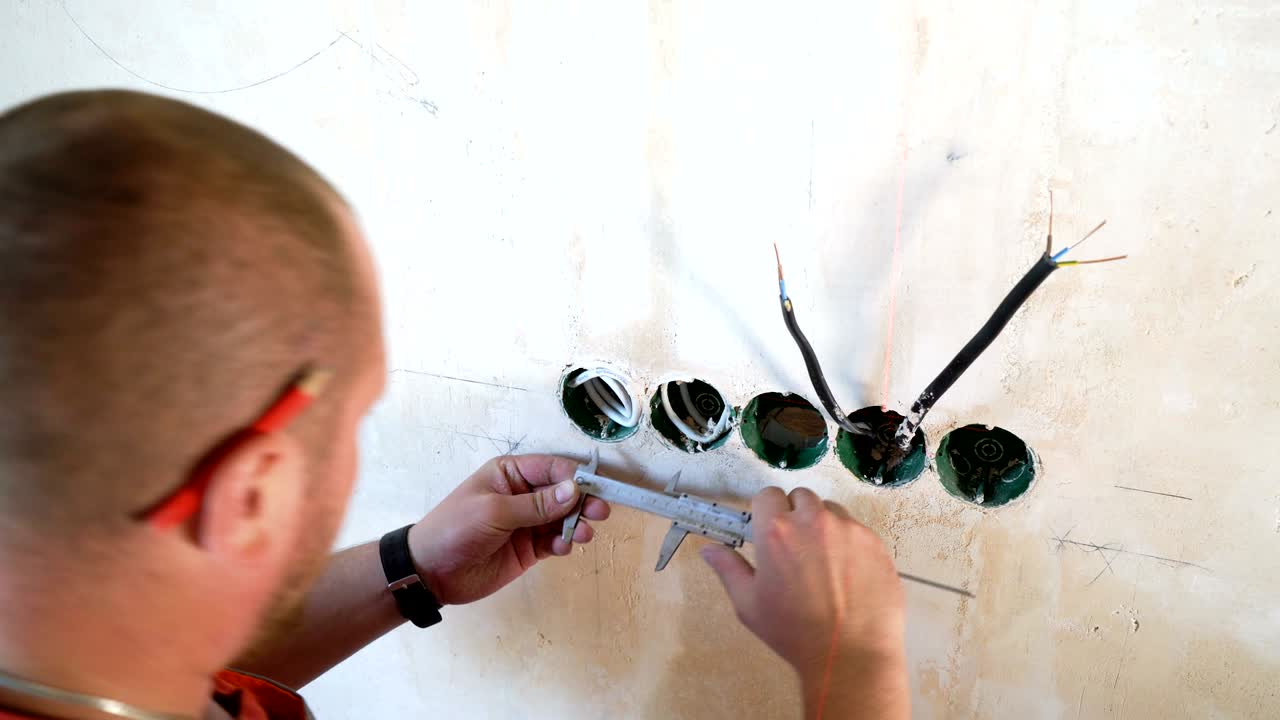 electricista de primer plano comprobando los parámetros técnicos con pinzas en el sitio de construcción