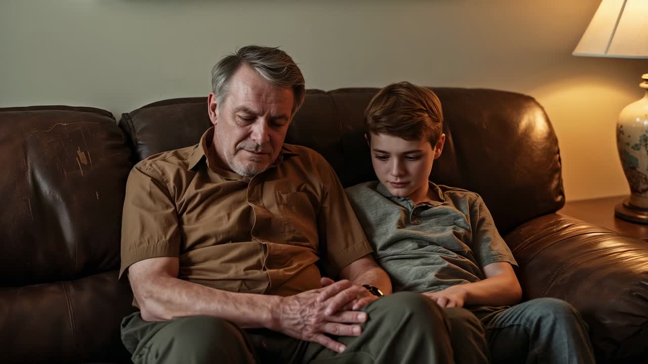 Noticing senior's lowered gaze, boy shifting closer, placing hand on knee on leather couch at home