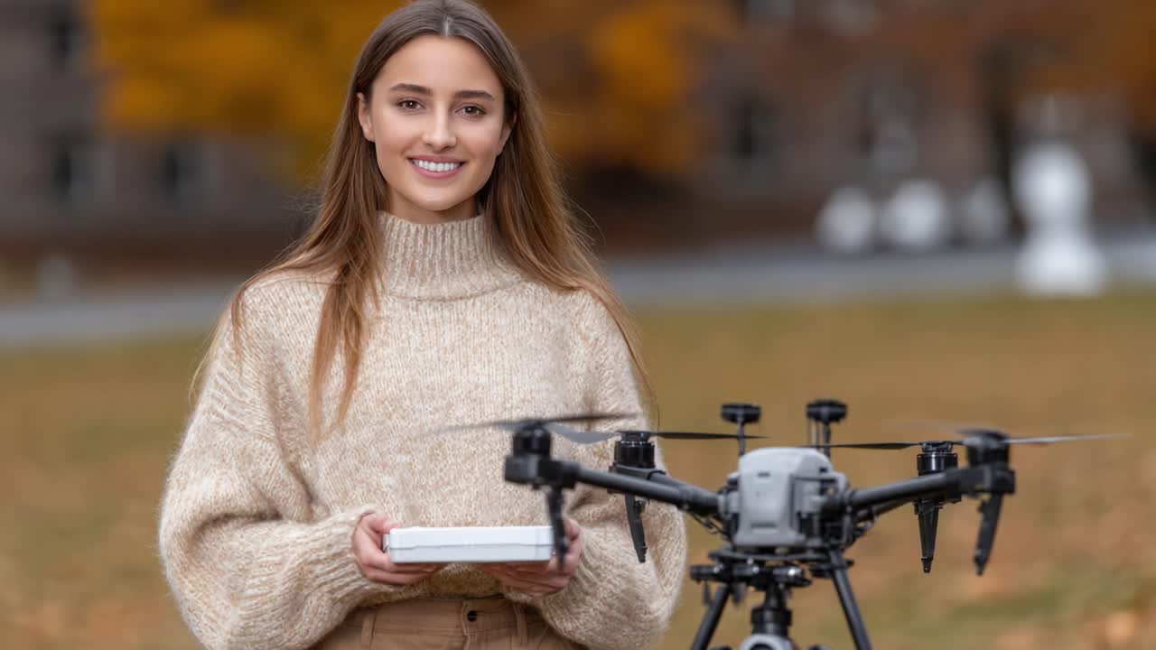 A Young Woman Smiling While Holding a Package Next to Her Drone in an Outdoor Park Setting Surrounded by Autumn Foliage