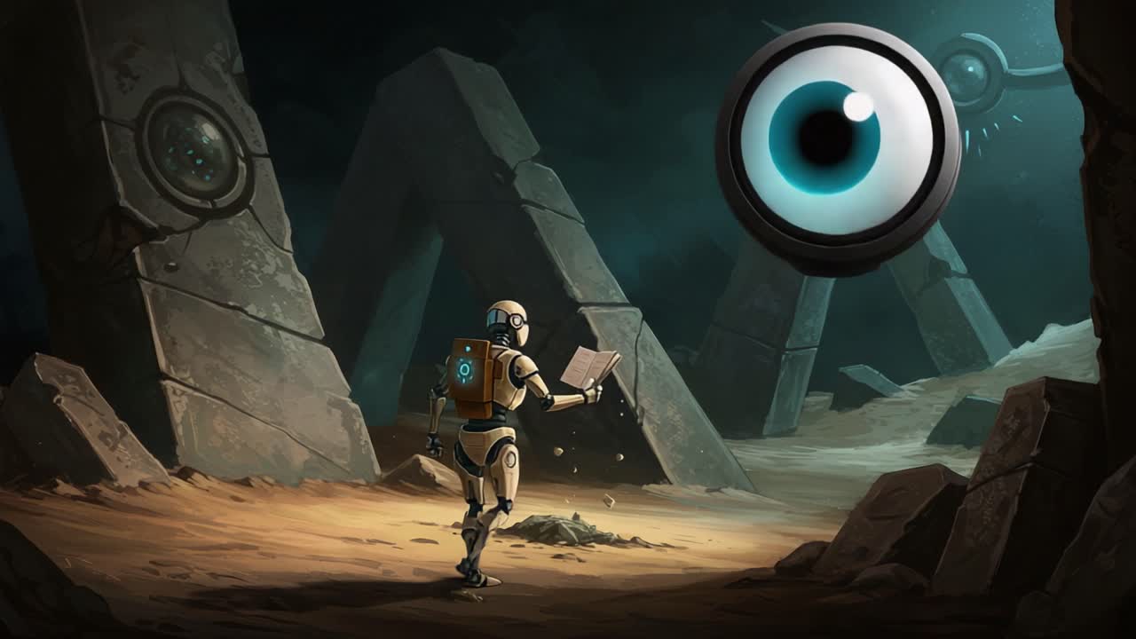 An enigmatic robotic explorer stands at the intersection of ancient stone monoliths, gazing at a mysterious floating eye, pondering its meaning in a surreal landscape