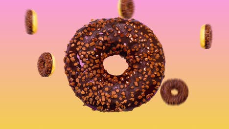 abstract colorful animation - donuts with chocolate on pink-yellow gradient background - seamless loop. donut cartoon pop art style. vintage retro design. donut with satellites of donuts