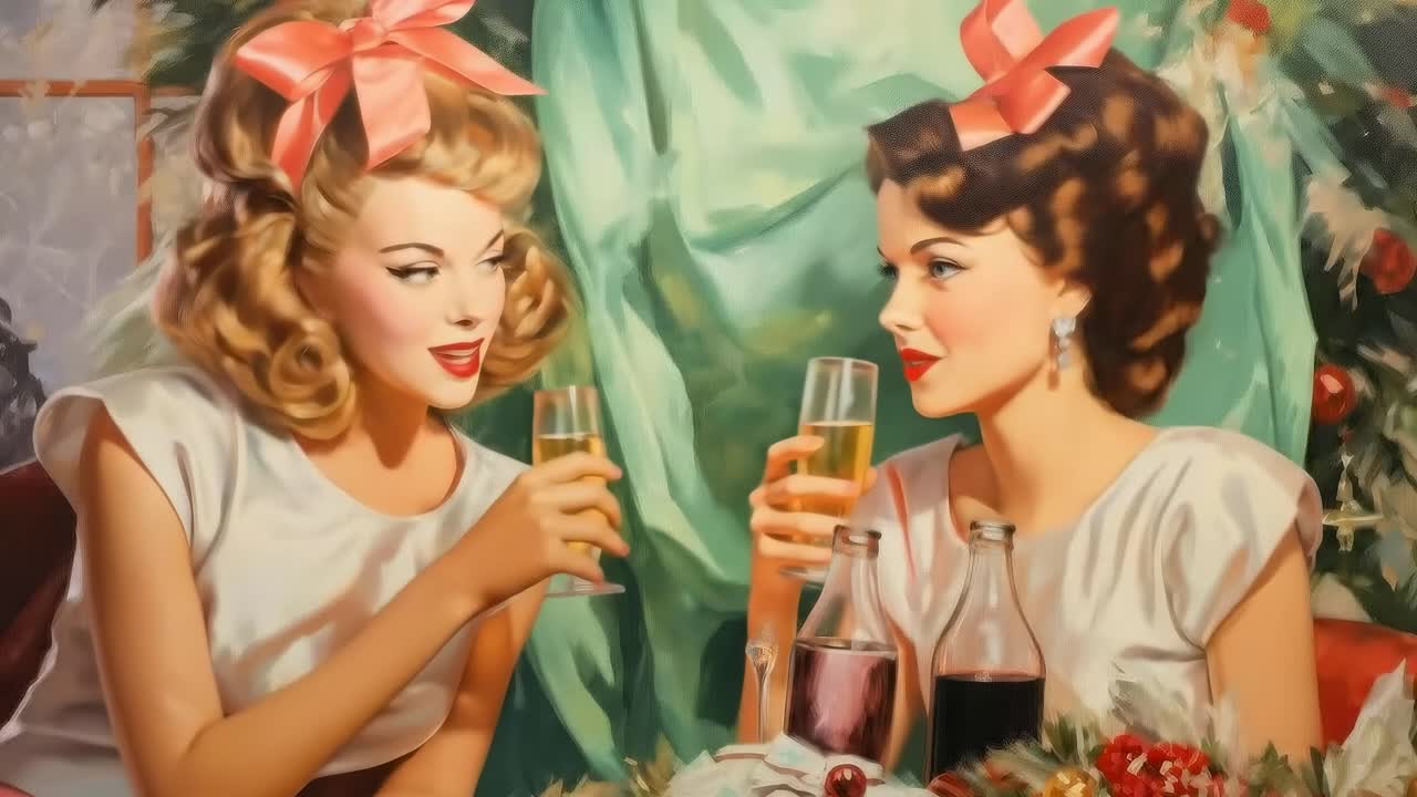 Vintage video style with a low-angle shot of two women in festive attire, holding drinks