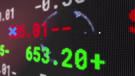 animated blue crosses with digital glitch effects on stock market numbers screen