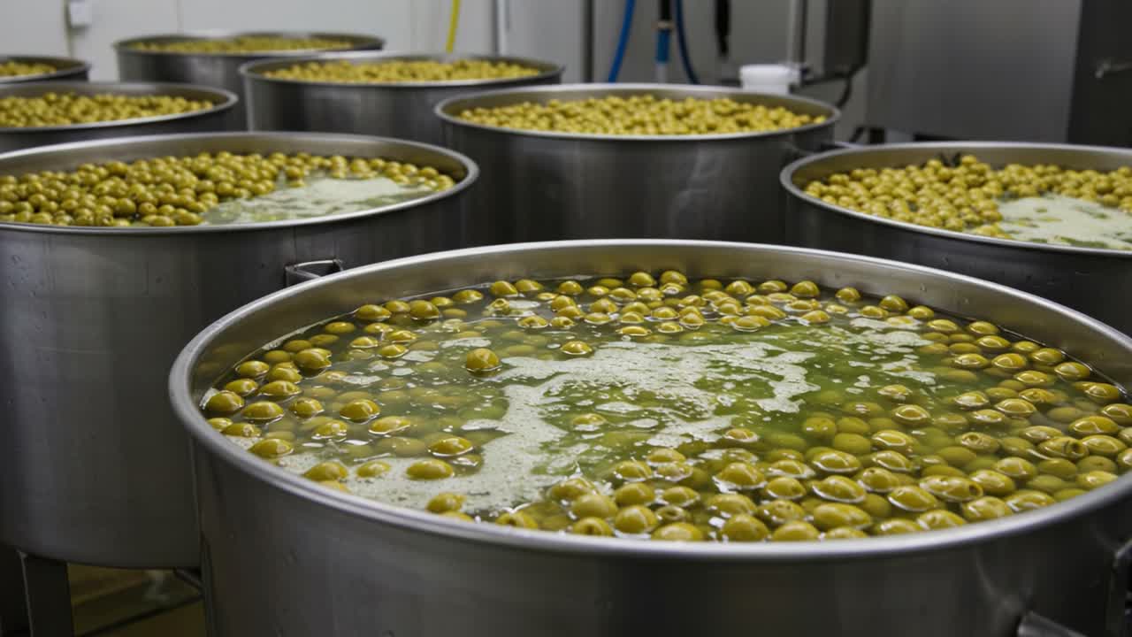 Large Industrial Vats Filled with Green Olives in a Processing Facility, Highlighting the Art of Olive Brining and Preparation for Culinary Uses