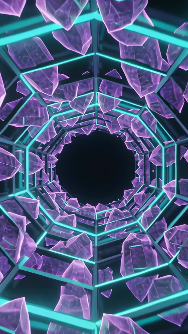 Vertical video: Moving camera pushing hex tunnel toward void, revealing purple shards and teal ribs