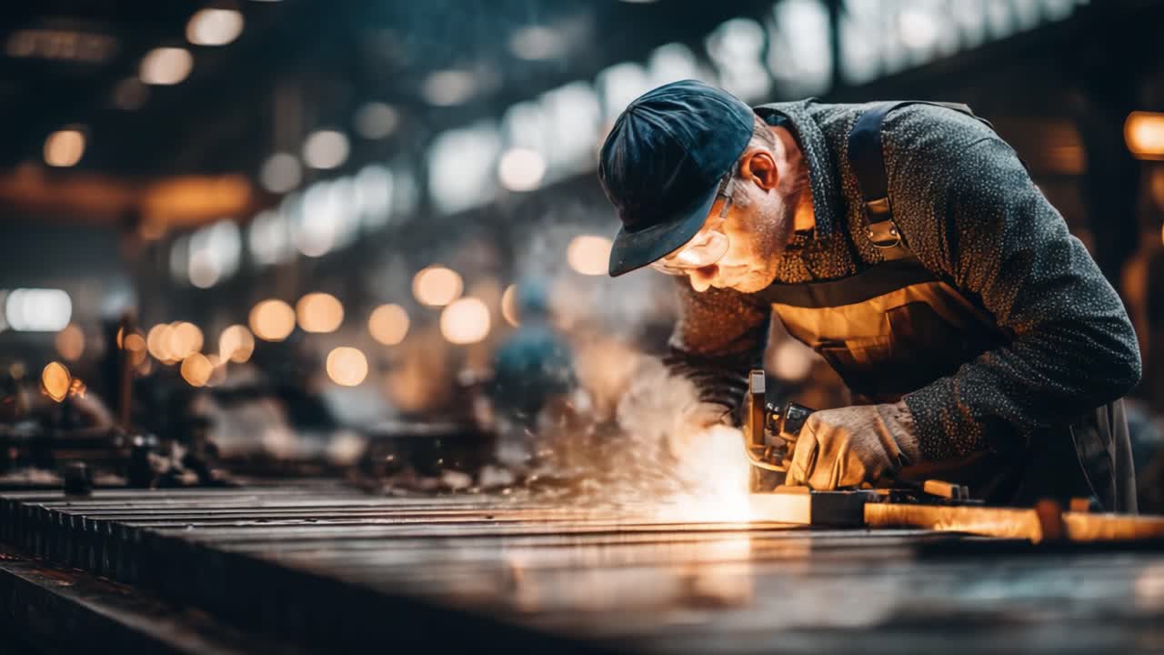 Ambachtsman werkt geconcentreerd in industriële werkplaats met handgereedschap terwijl vonken vliegen, wat vakkundig werk en precisie in een metaalbewerkingsomgeving toont.