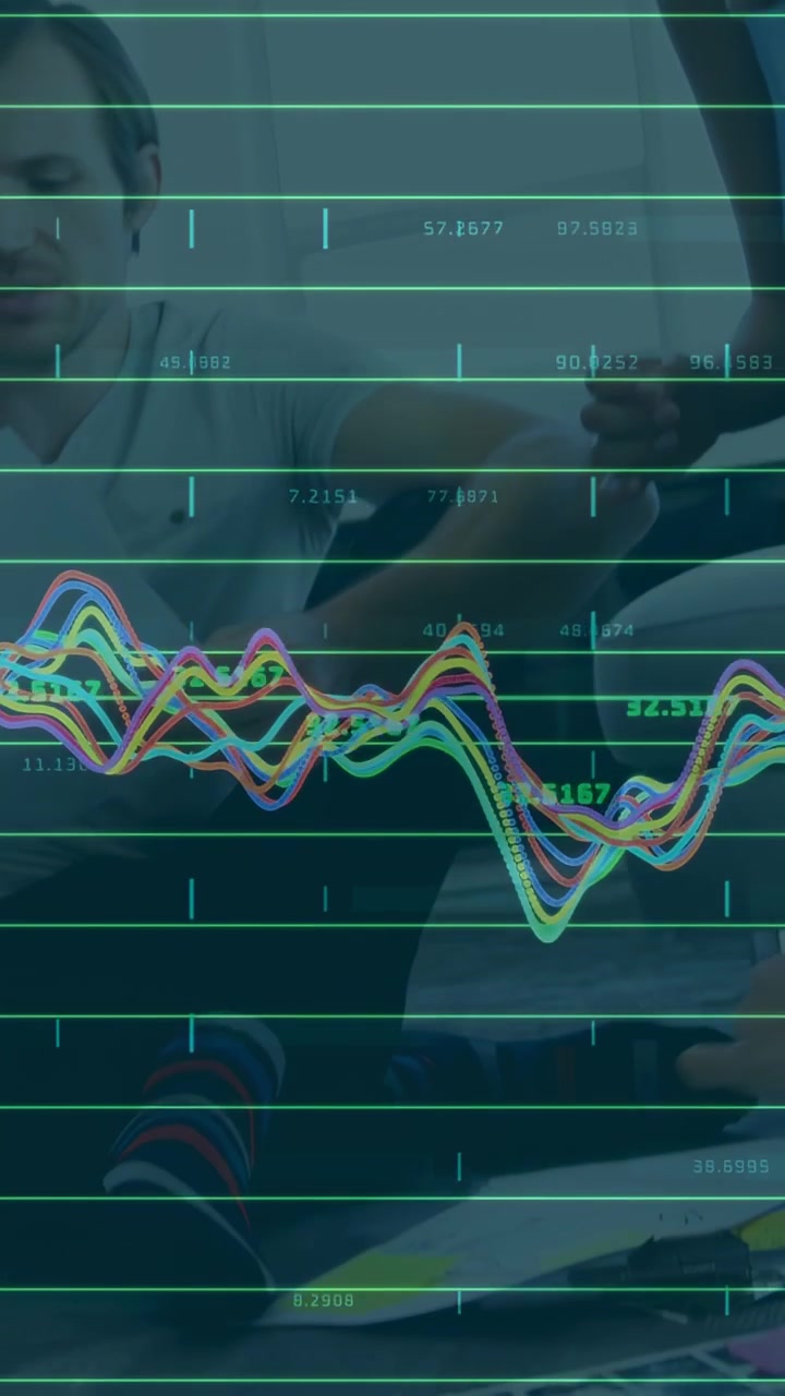Vertical video: Team analyzing data business huddle leaning man pointing sparking waveform overlay