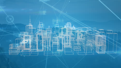 animation of network of connections over spinning 3d city model against landscape with mountains