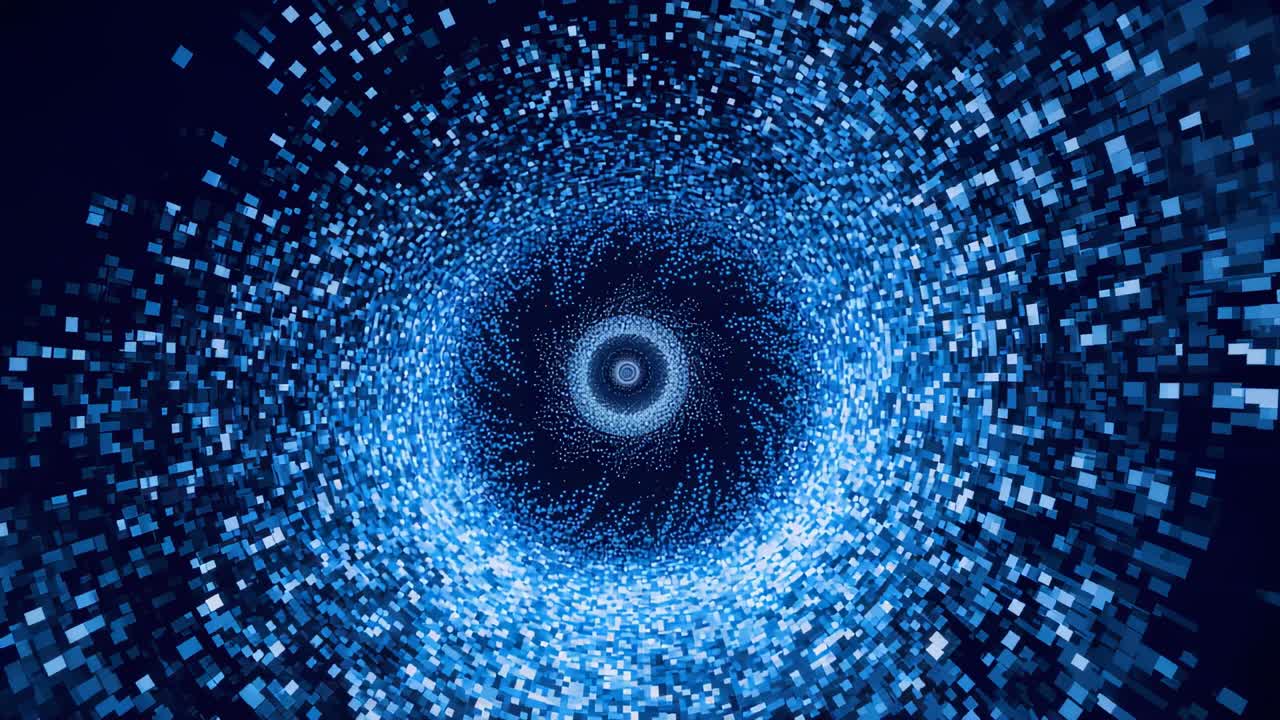 Rotating blue voxel vortex circling void with bright ring appearing, flowing points, creating pulse