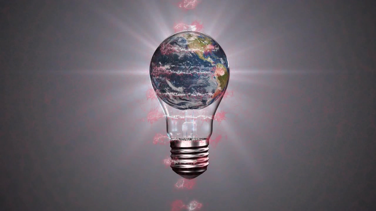 Lampadina a forma di globo terrestre che ruota e pulsa mentre un'elica rosso-bianca passa dietro, illustrando un concetto tecnologico