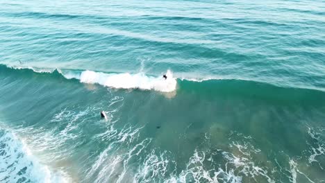 antena de drones de un surfista atrapando una ola en el océano azul de la gran carretera oceánica en verano