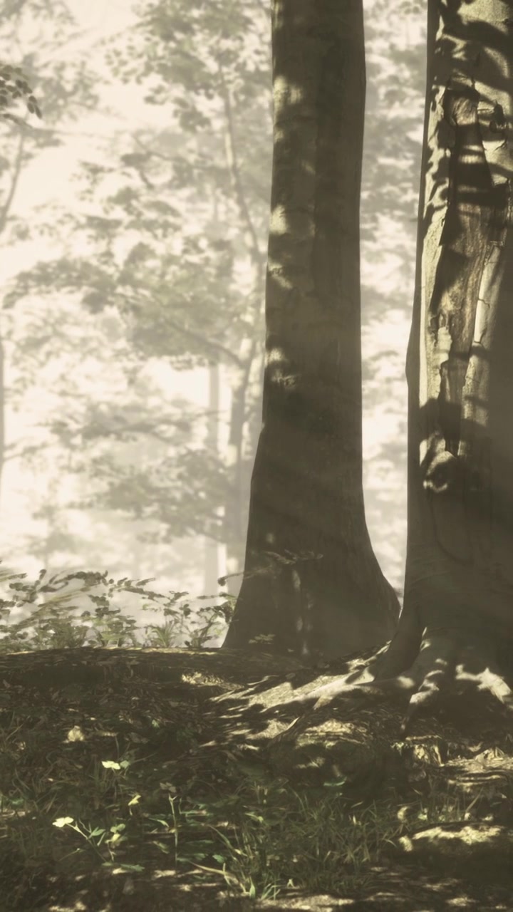 Forest scene with trees and sunlight shining through fog in morning light