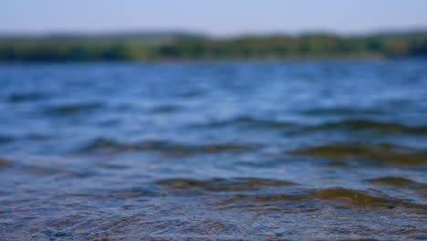 little waves on the river on sunny daytime. close up view on the water of the lake on windy day. blurred backdrop.