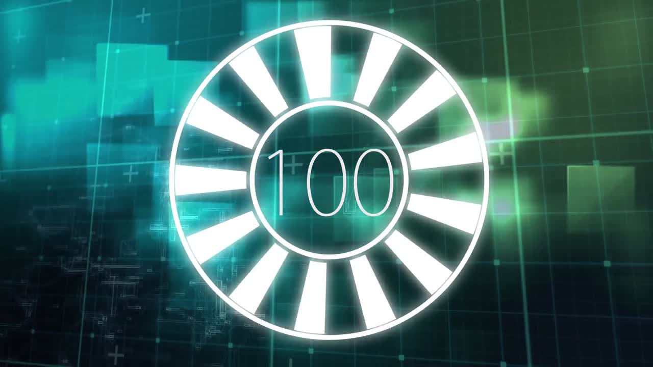 animación de la cuenta atrás sobre el escáner redondo contra formas cuadradas en fondo de gradiente verde.