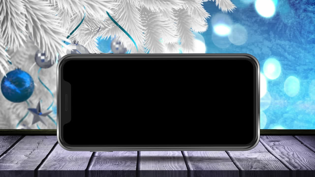 animación de la pantalla en blanco del teléfono inteligente con bolas de navidad en el árbol de abeto